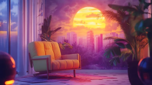 Retro-futuristic lounge interior with neon sunset cityscape