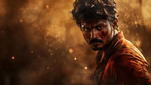 Man with bloodied face in dense orange smoke environment.