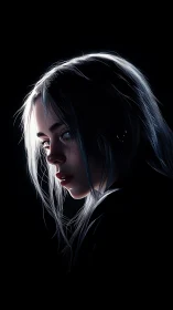 Side-lit portrait of a young woman in deep shadow profile.