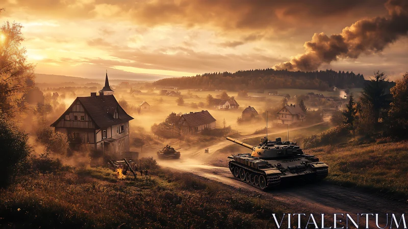 Armored thunder rolls through a misty village at dawn.