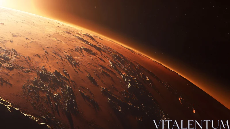 Martian horizon glows under low sun and deep shadowed ridges.