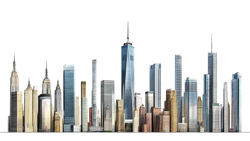 Panoramic modern city skyline with sleek glass towers.