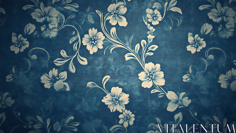 Vintage Floral Wallpaper with Cream Flowers on Deep Blue