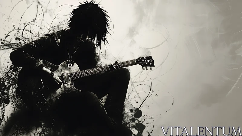 Silhouetted rock guitarist sits in swirling ink splatter