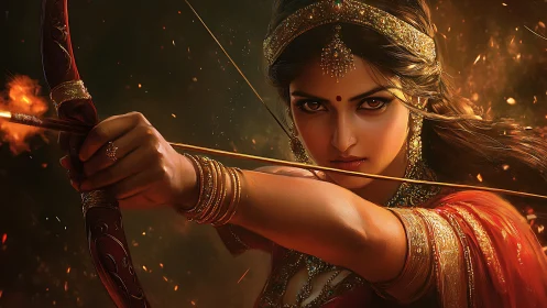 Female archer draws flaming arrow with controlled precision