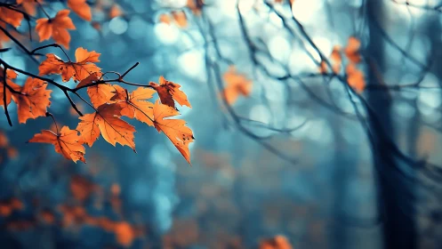 Selective focus study of orange maple foliage in blue mist.