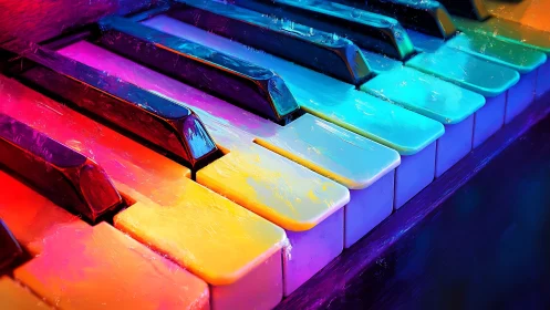 Vibrant digital closeup of multicolored piano keys.
