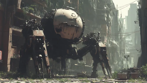 Giant four-legged combat mech in ruined city street.