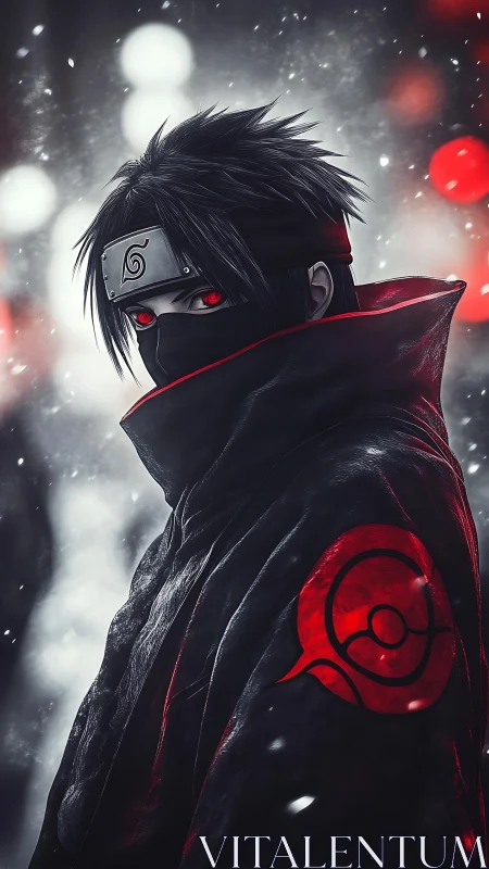 Masked ninja portrait with red eyes in winter bokeh field.