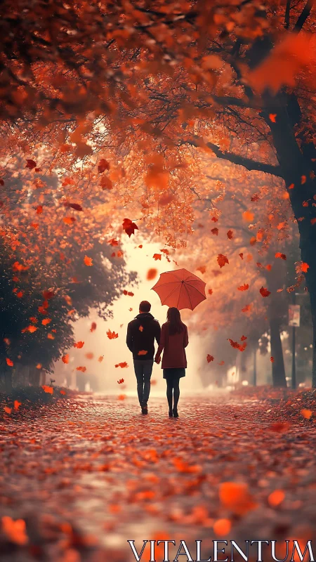 Couple walking under red umbrella through autumn leaf canopy at dusk