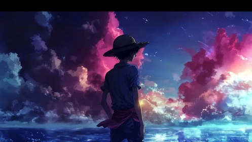 Backlit sailor silhouette against chromatic maritime sky field.