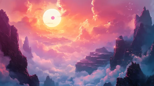 Radiant fantasy sun pours dreamlike light over misty peaks