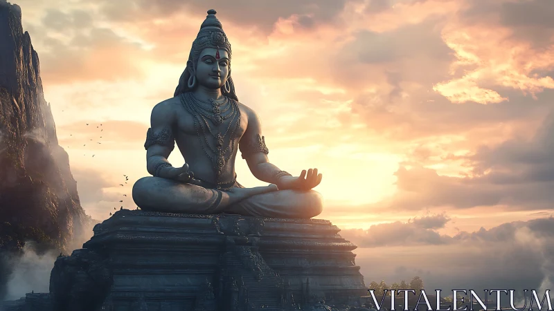 Large seated Shiva statue against mountainous sunset sky.