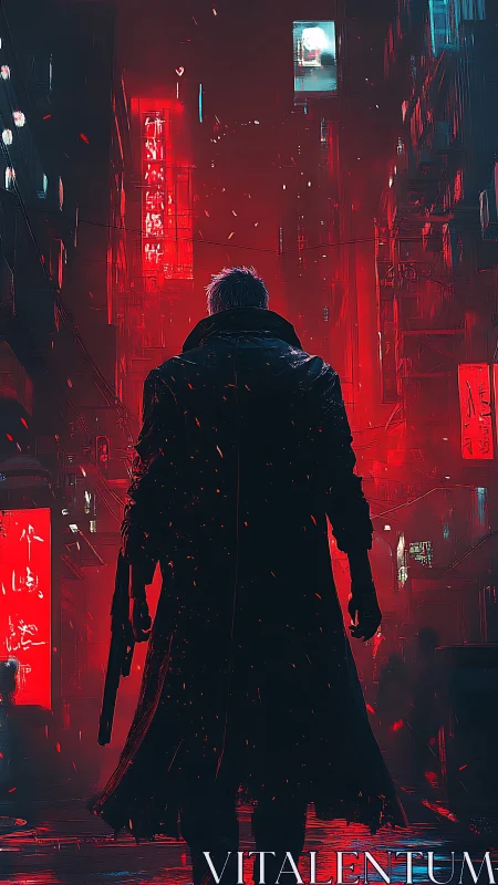 Solitary armed figure in neon red cyberpunk alleyway at night