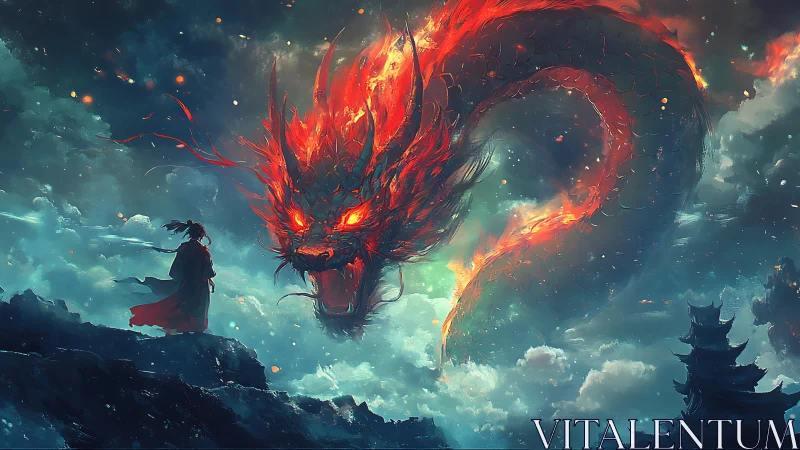 Fiery spectral dragon confronts lone robed figure amid storm clouds