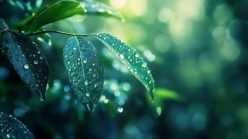 Rain-kissed green leaves catch soft morning backlight glow.