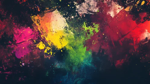 Vibrant abstract paint splashes on dark textured background.
