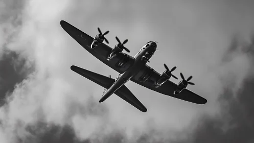 Vintage four engine propeller aircraft in cloudy sky.