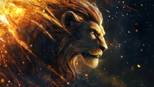 Lion of living fire racing through a star-sparked night.