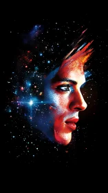 Cosmic human profile merges with glowing starlit nebula.