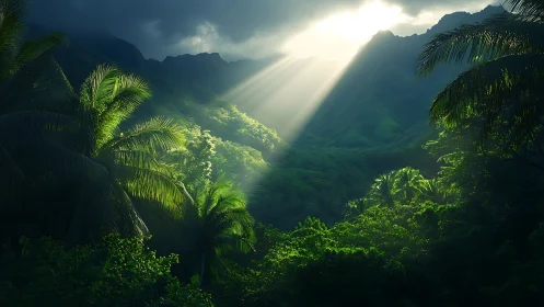 Sunlit jungle valley opens quietly beneath glowing misty skies