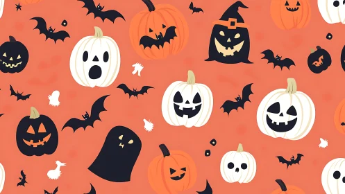 Playful Halloween pumpkins and bats dance on warm orange