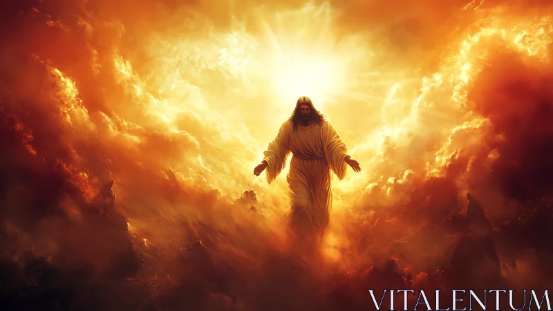 Figure in radiant clouds amid intense golden light.