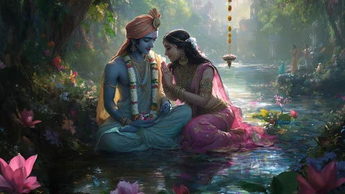 Divine lovers in jeweled garments rest beside a luminous river