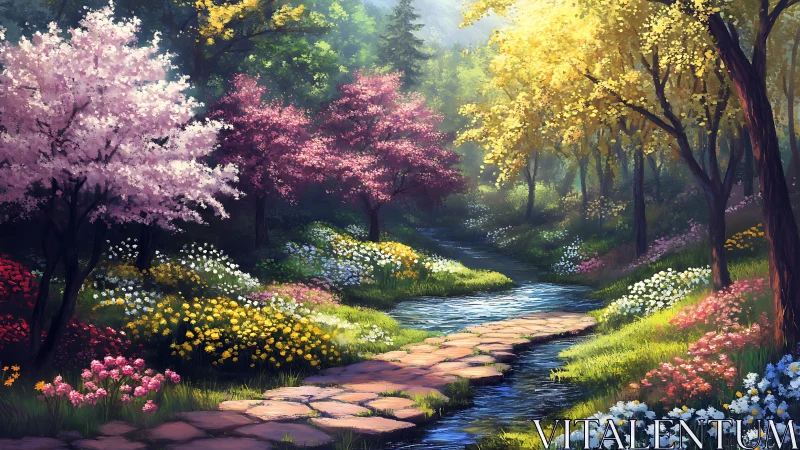 Sunlit forest creek winds through blooming spring garden.