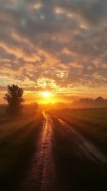 Dewlit country road bending into a molten sunrise horizon.