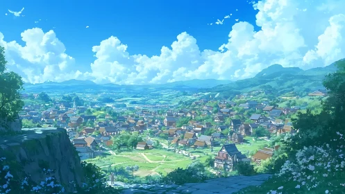Sunlit hilltop gazes over a storybook village at noon