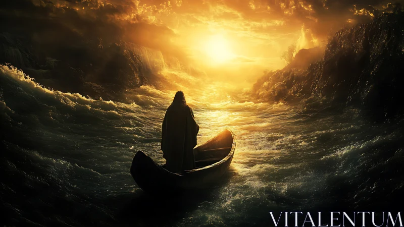 Lone voyager drifting toward a molten golden horizon.