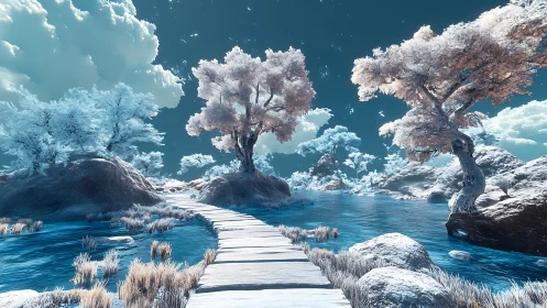 Frozen river path under crystalline sky and pastel trees.