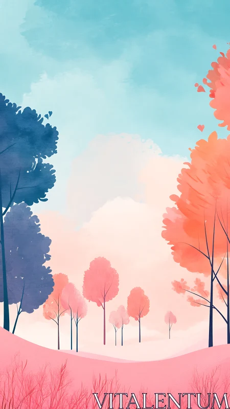 Pastel Landscape: Serene Valley with Chromatic Trees and Luminous Sky