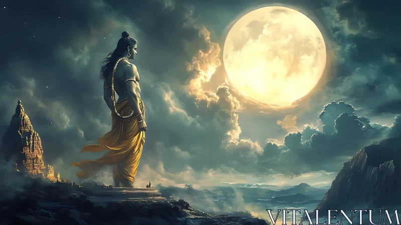 Moonlit warrior gazes over misty valleys and sleeping temples.