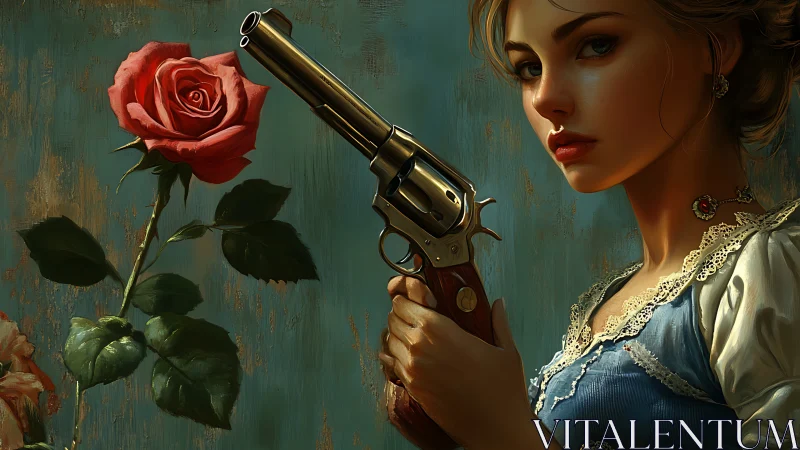 Digital painting of armed woman with rose, baroque chiaroscuro.