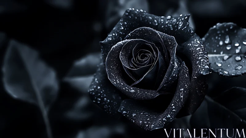 Nocturne rose drenched in moonlit raindrop armor.