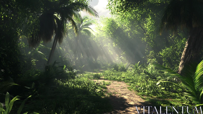 Enchanted jungle pathway bathed in ethereal golden sunlight.