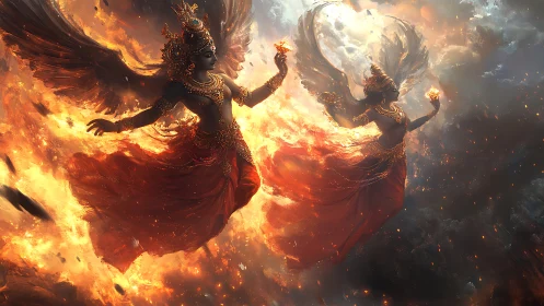 Winged deities in flame-filled sky with symmetrical formation.