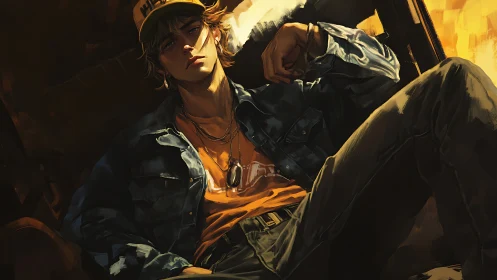 Sunlit drifter slouched in denim shadows and amber haze.