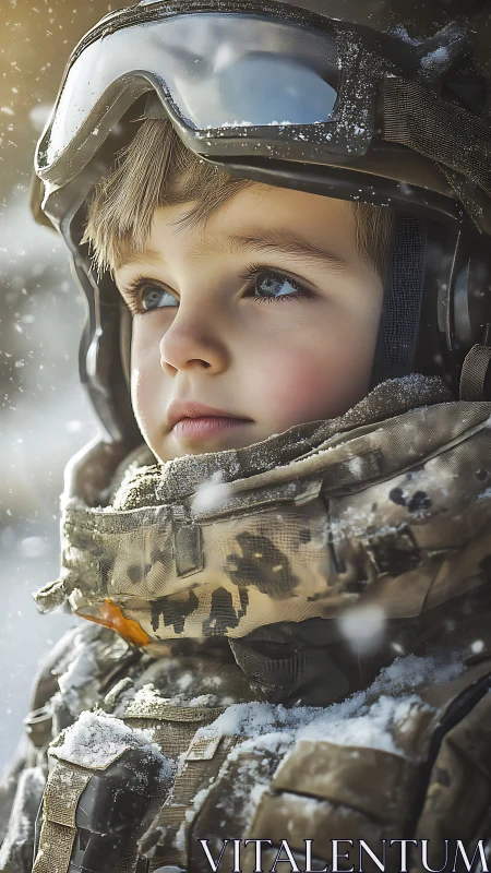 Snow-bright young cadet gazes toward distant winter horizons.