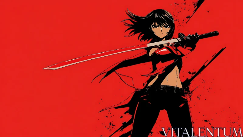 Scarlet skyline swordswoman carving silence in midair.