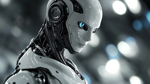 Calm blue eyed robot gazing ahead in a sleek bright lab.