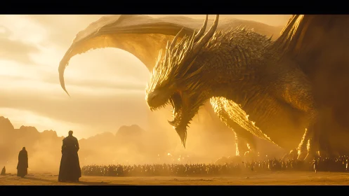 Golden war dragon roars above an army at burning sunset