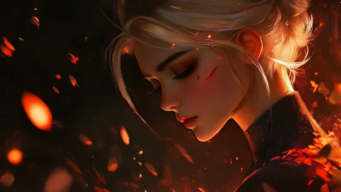 Profile view of female figure amid orange embers in dark field.