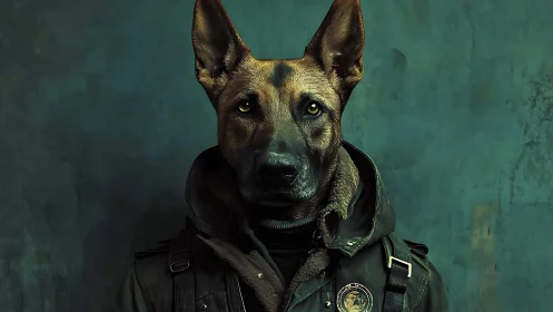 Tactical canine portrait in paramilitary jacket, teal backdrop.