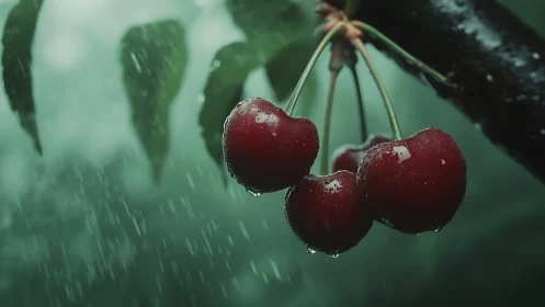 Rain-kissed cherries hang gently, glowing against soft green mist