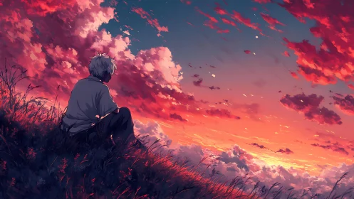 Solitary anime boy watching vivid red sunset sky.