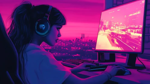 Neon city gamer lost in sunset-lit digital horizons.