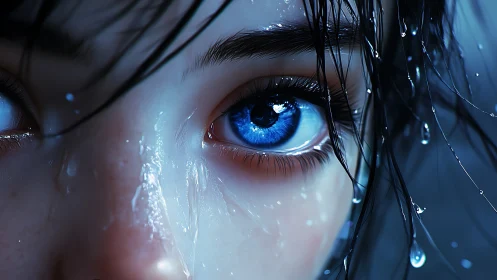 Hyperreal close-up blue eye under cascading water droplets.